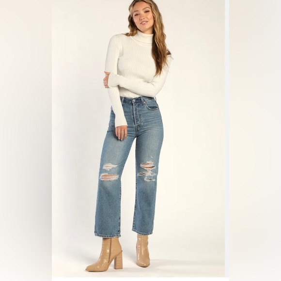 Levi’s Ribcage Medium Wash Denim Distressed Straight Ankle Jeans 26 - Picture 1 of 5